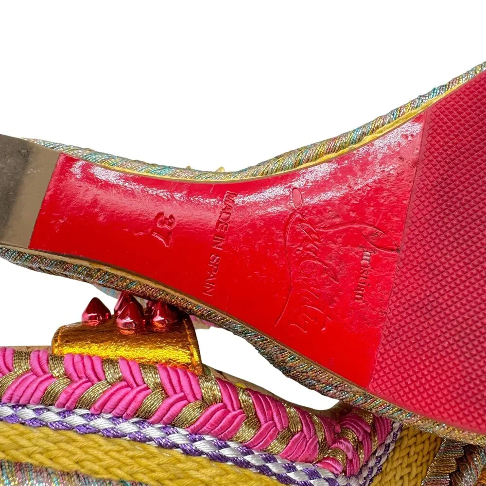 Christian Louboutin Metallic Pink & Gold Spike Embellished Cork Wedge Sandals